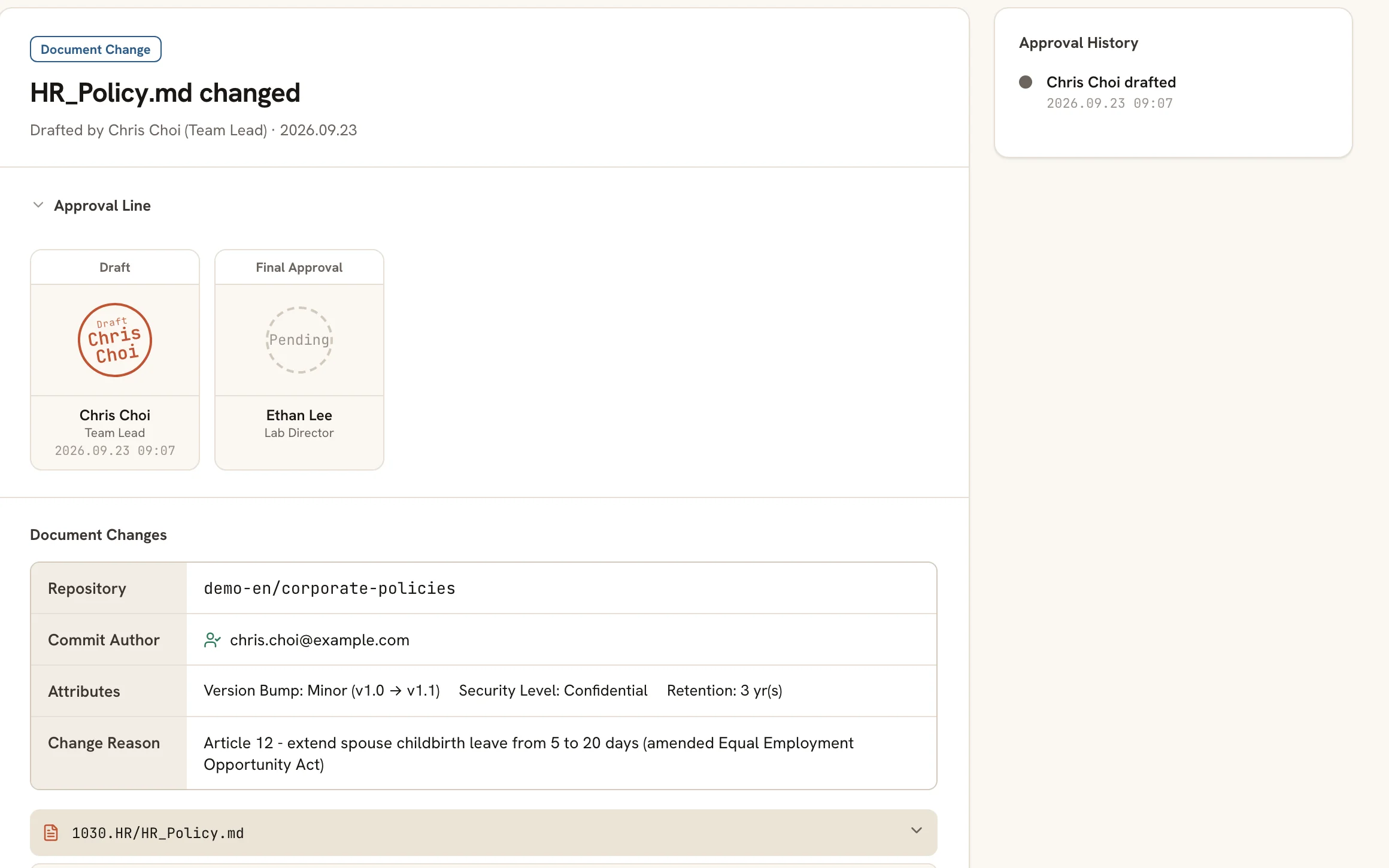 A document change approval screen. The drafter and the final approver sit on the approval line and the final approval is still pending.