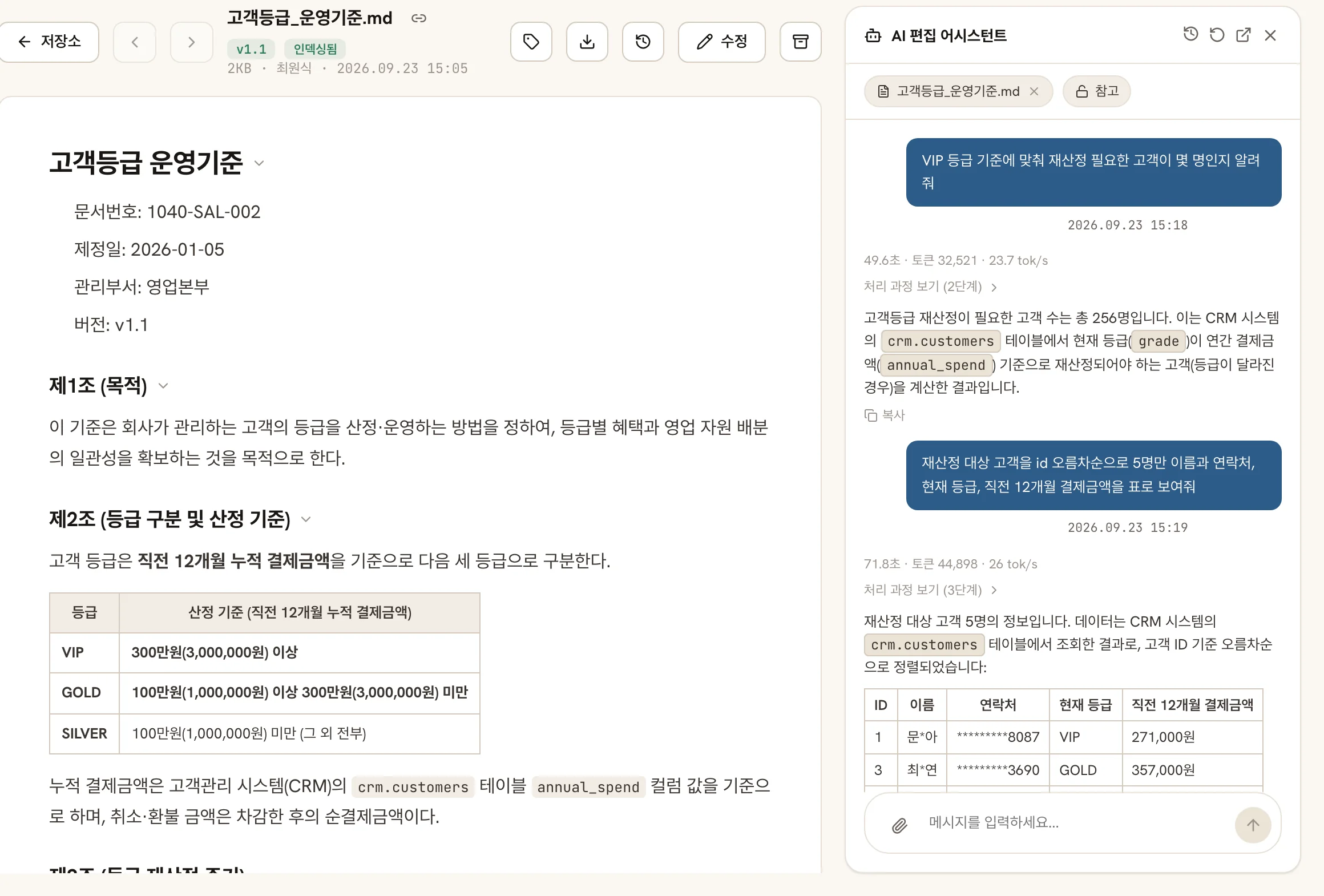고객등급 운영기준 문서를 범위로 걸고 "VIP 등급 기준에 맞춰 재산정 필요한 고객이 몇 명인지" 물은 어시스턴트 화면. 답변은 256명이고 아래 표의 고객 이름은 문*아, 연락처는 *********8087처럼 가려져 있다.
